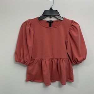 FOREVER 21 Top Small Orange Peplum Blouse Solid 3/4 Puff Sleeves